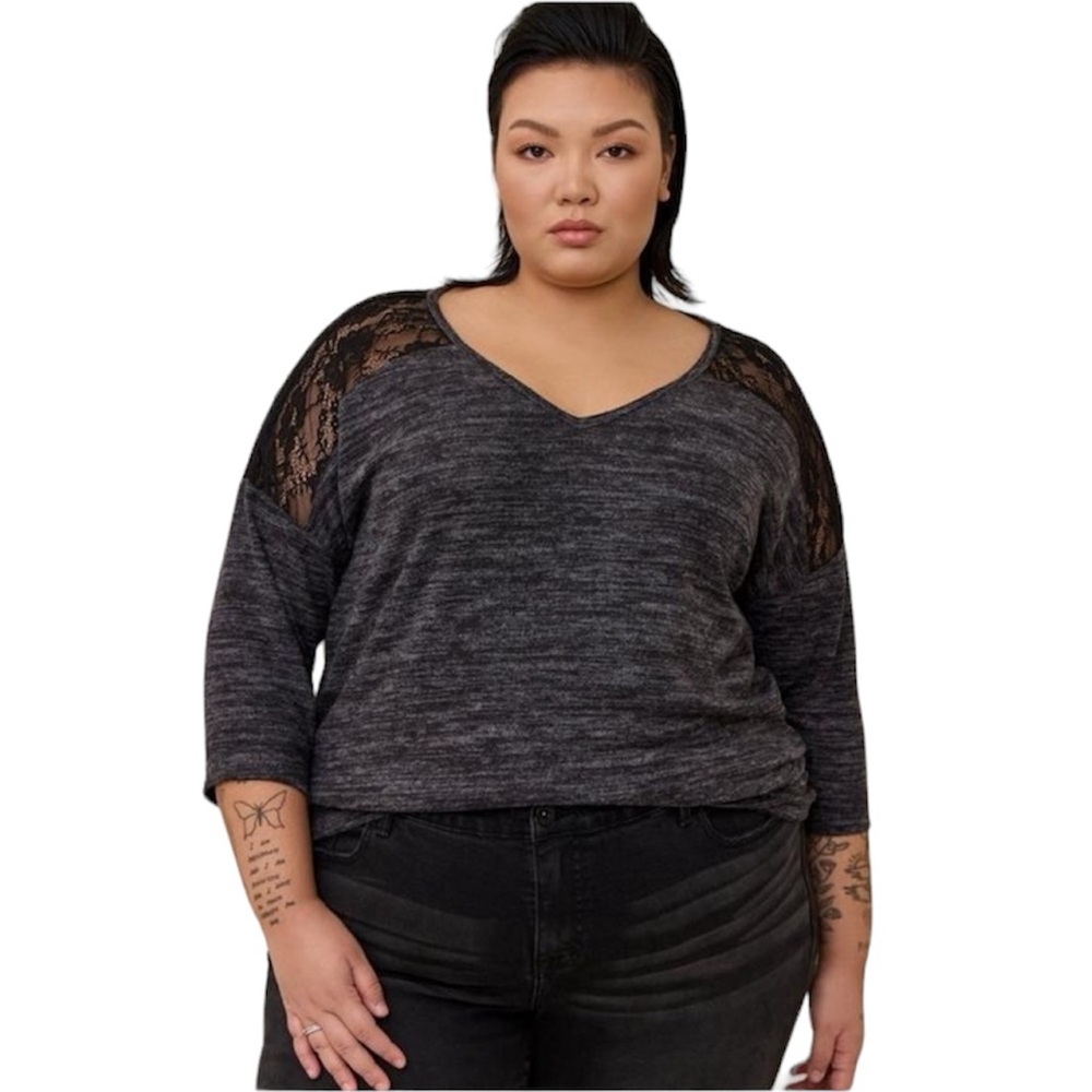 Torrid Relaxed Fit Super Soft Plush V-Neck Lace Yoke Dolman Top XL